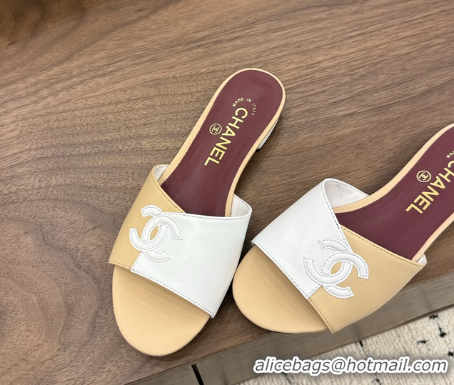 Buy New Cheap Chanel CC Logo Beige White Leather Flat Slides Sandals 6051807