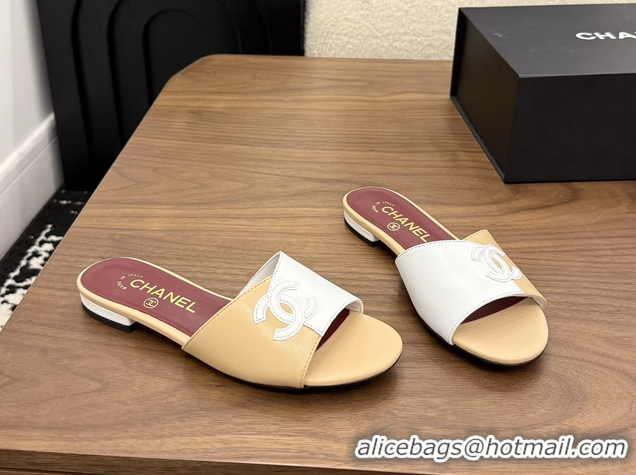 Buy New Cheap Chanel CC Logo Beige White Leather Flat Slides Sandals 6051807