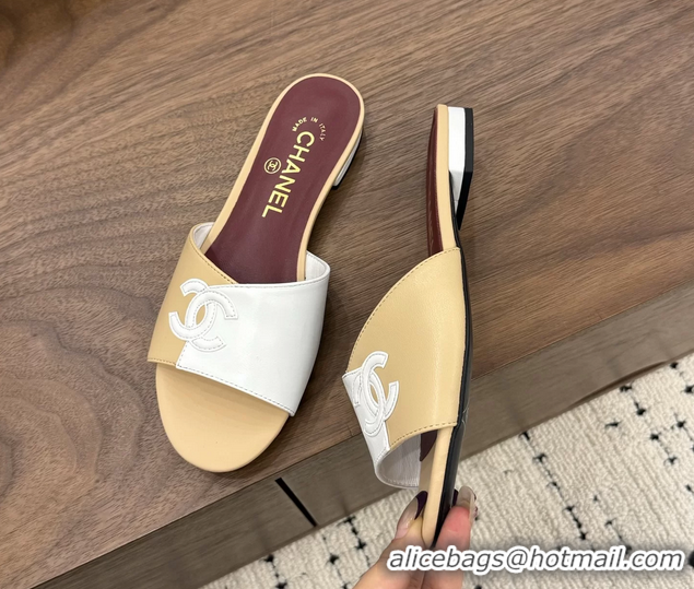 Buy New Cheap Chanel CC Logo Beige White Leather Flat Slides Sandals 6051807