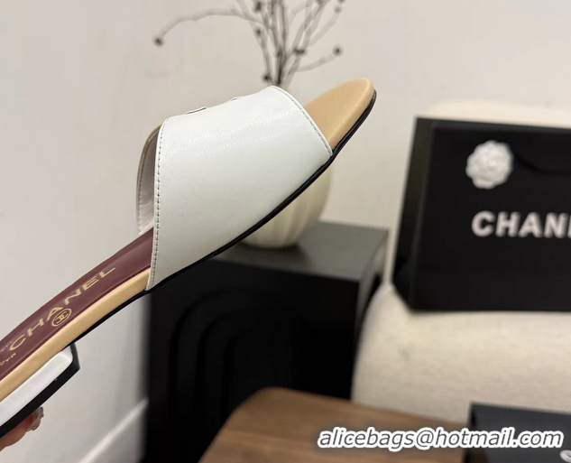 Buy New Cheap Chanel CC Logo Beige White Leather Flat Slides Sandals 6051807