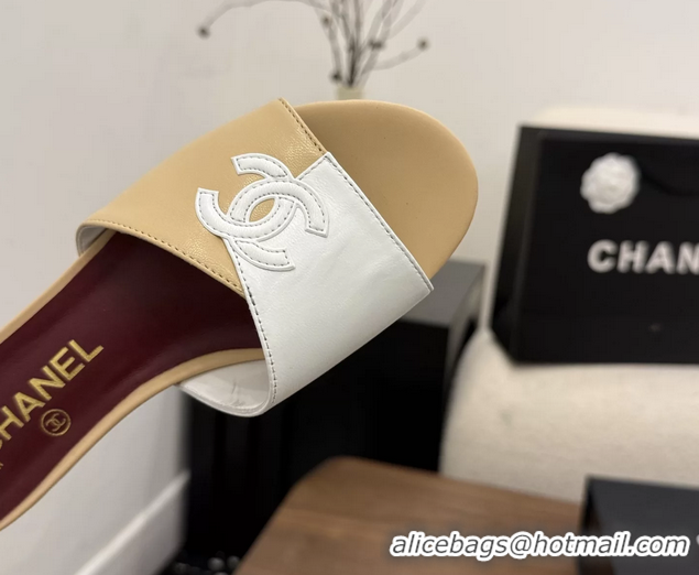 Buy New Cheap Chanel CC Logo Beige White Leather Flat Slides Sandals 6051807