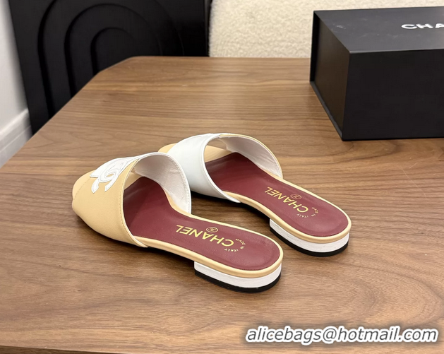 Buy New Cheap Chanel CC Logo Beige White Leather Flat Slides Sandals 6051807