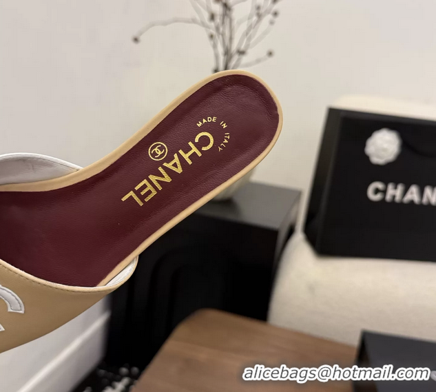 Buy New Cheap Chanel CC Logo Beige White Leather Flat Slides Sandals 6051807