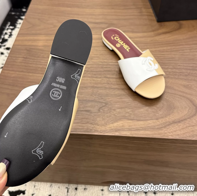 Buy New Cheap Chanel CC Logo Beige White Leather Flat Slides Sandals 6051807
