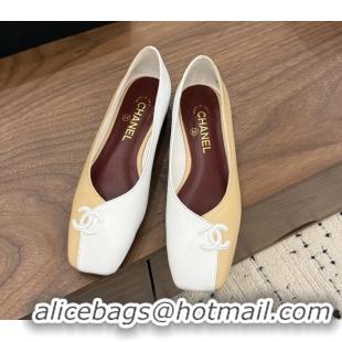 Chic Chanel CC Logo Beige White Leather Ballet Flats 6051807