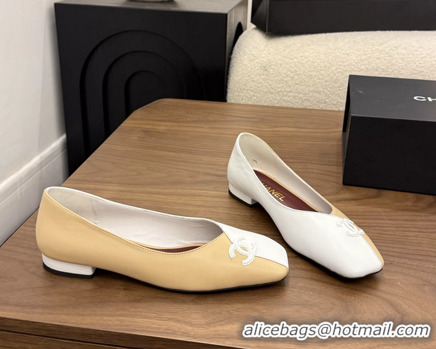 Chic Chanel CC Logo Beige White Leather Ballet Flats 6051807