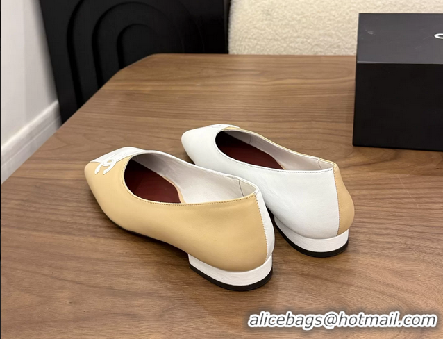 Chic Chanel CC Logo Beige White Leather Ballet Flats 6051807