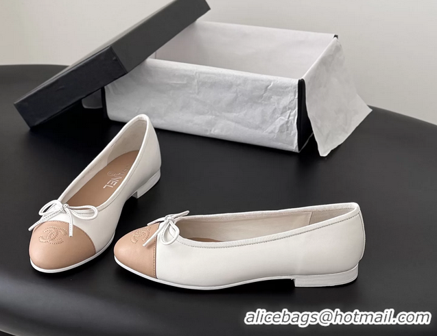 Comfortable Chanel CC Logo Bowknot White Leather Ballet Flats 6051808