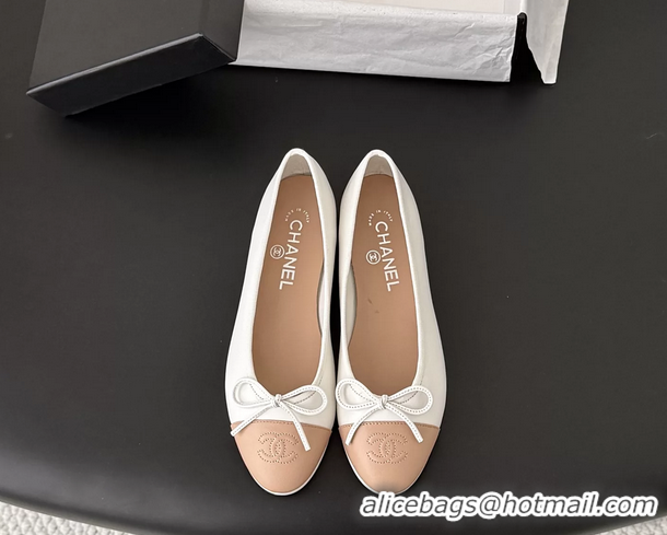 Comfortable Chanel CC Logo Bowknot White Leather Ballet Flats 6051808