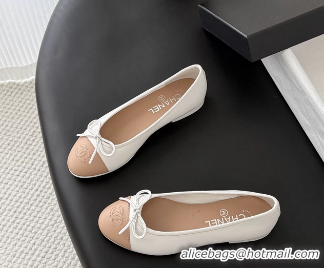 Comfortable Chanel CC Logo Bowknot White Leather Ballet Flats 6051808