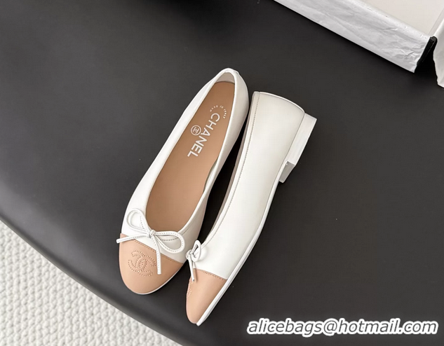 Comfortable Chanel CC Logo Bowknot White Leather Ballet Flats 6051808