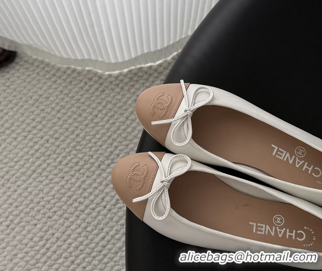 Comfortable Chanel CC Logo Bowknot White Leather Ballet Flats 6051808
