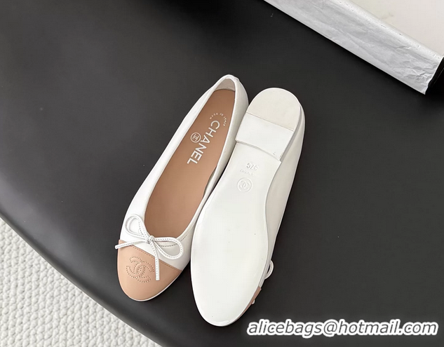 Comfortable Chanel CC Logo Bowknot White Leather Ballet Flats 6051808