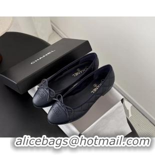 Shop Cheap Chanel CC Logo Bowknot Navy Blue Quilted Leather Ballet Flats 6051808