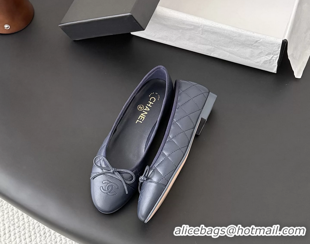 Shop Cheap Chanel CC Logo Bowknot Navy Blue Quilted Leather Ballet Flats 6051808