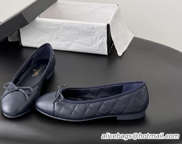 Shop Cheap Chanel CC Logo Bowknot Navy Blue Quilted Leather Ballet Flats 6051808