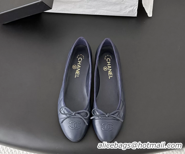 Shop Cheap Chanel CC Logo Bowknot Navy Blue Quilted Leather Ballet Flats 6051808