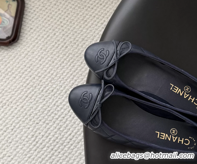 Shop Cheap Chanel CC Logo Bowknot Navy Blue Quilted Leather Ballet Flats 6051808
