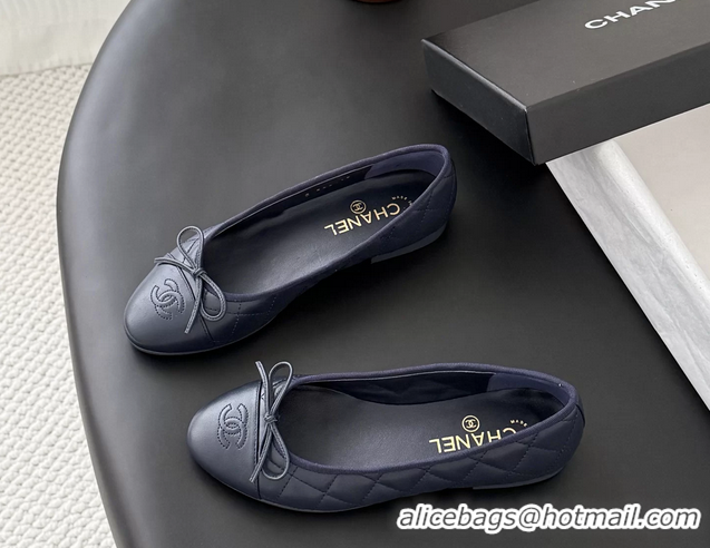 Shop Cheap Chanel CC Logo Bowknot Navy Blue Quilted Leather Ballet Flats 6051808