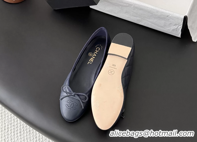 Shop Cheap Chanel CC Logo Bowknot Navy Blue Quilted Leather Ballet Flats 6051808