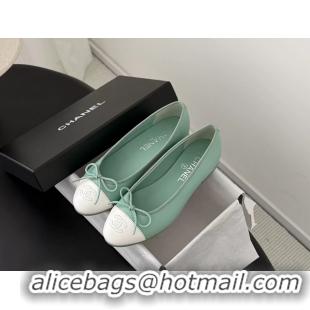 Buy Discount Chanel CC Logo Bowknot Light Green Calf Leather Ballet Flats 6051808