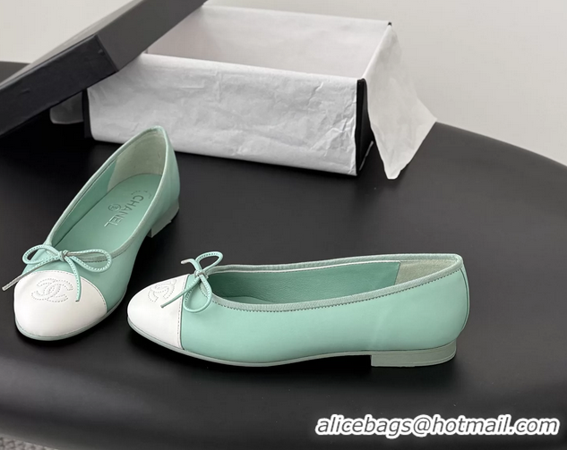 Buy Discount Chanel CC Logo Bowknot Light Green Calf Leather Ballet Flats 6051808