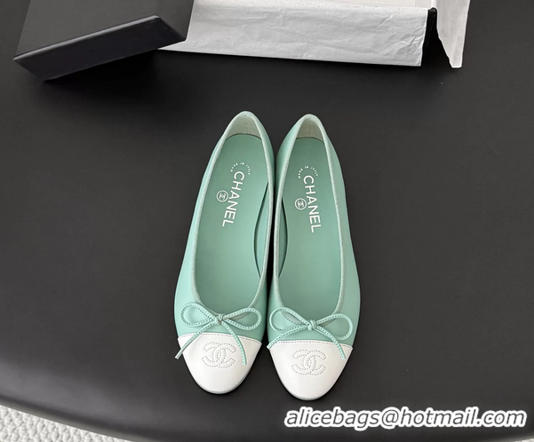 Buy Discount Chanel CC Logo Bowknot Light Green Calf Leather Ballet Flats 6051808