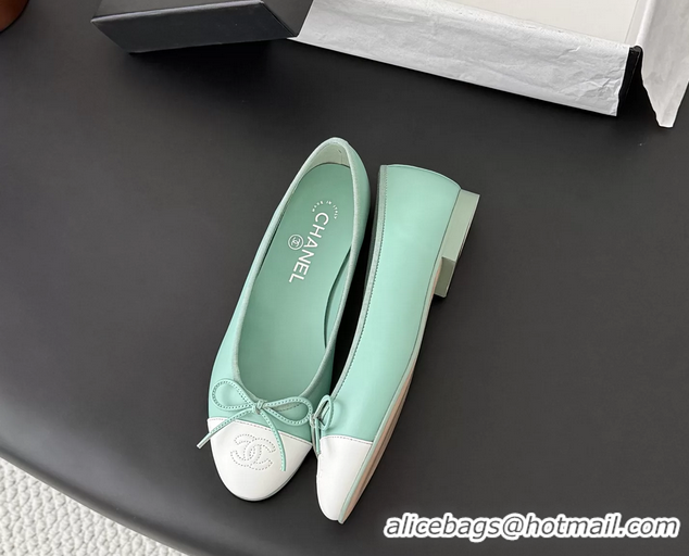 Buy Discount Chanel CC Logo Bowknot Light Green Calf Leather Ballet Flats 6051808