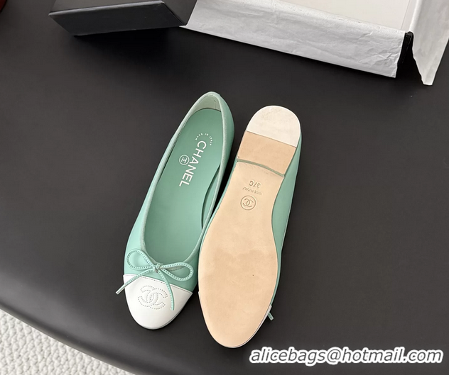 Buy Discount Chanel CC Logo Bowknot Light Green Calf Leather Ballet Flats 6051808