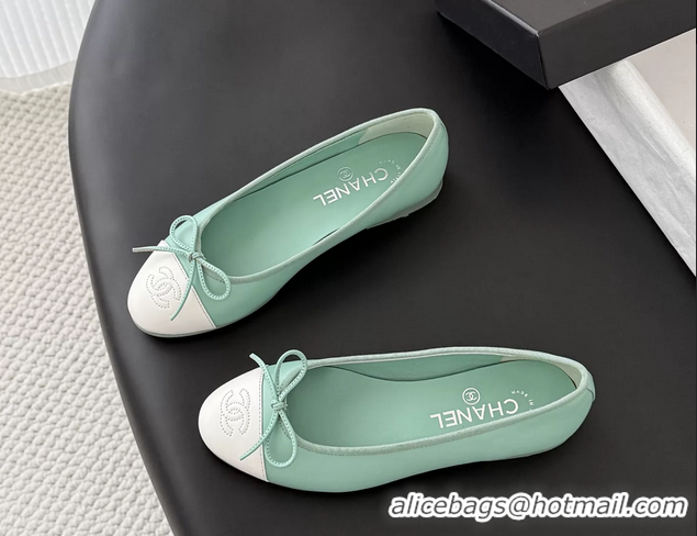 Buy Discount Chanel CC Logo Bowknot Light Green Calf Leather Ballet Flats 6051808
