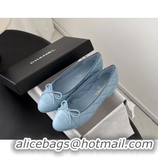 Cheap Cheaps Chanel CC Logo Bowknot Light Blue Quilted Leather Ballet Flats 6051808