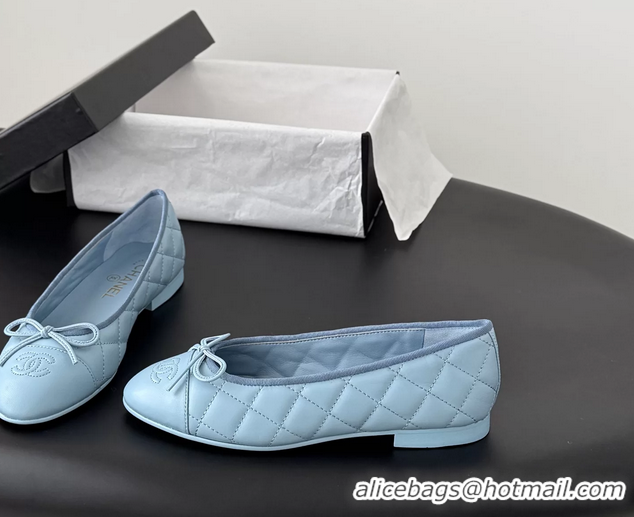 Cheap Cheaps Chanel CC Logo Bowknot Light Blue Quilted Leather Ballet Flats 6051808