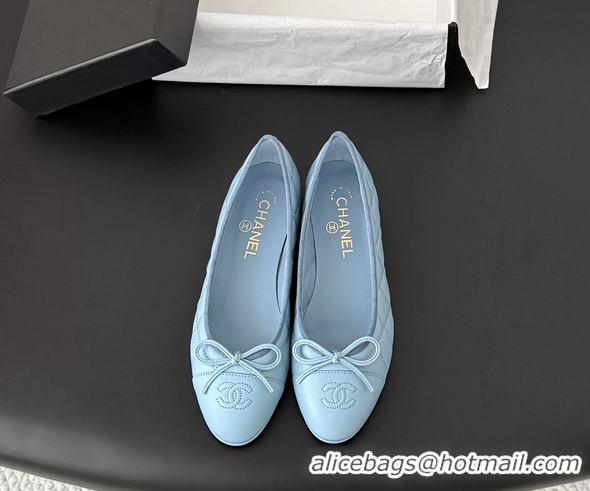 Cheap Cheaps Chanel CC Logo Bowknot Light Blue Quilted Leather Ballet Flats 6051808
