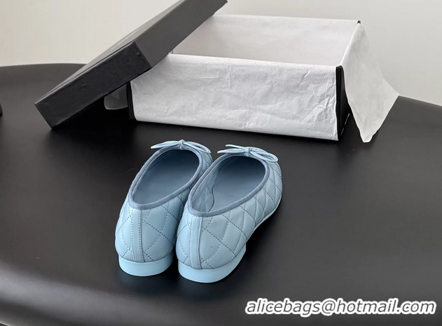 Cheap Cheaps Chanel CC Logo Bowknot Light Blue Quilted Leather Ballet Flats 6051808