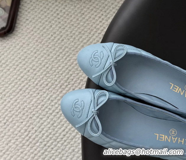 Cheap Cheaps Chanel CC Logo Bowknot Light Blue Quilted Leather Ballet Flats 6051808