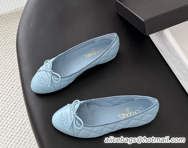 Cheap Cheaps Chanel CC Logo Bowknot Light Blue Quilted Leather Ballet Flats 6051808
