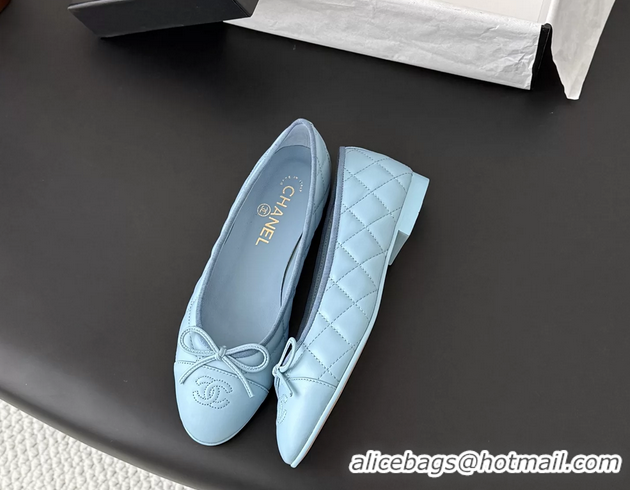 Cheap Cheaps Chanel CC Logo Bowknot Light Blue Quilted Leather Ballet Flats 6051808