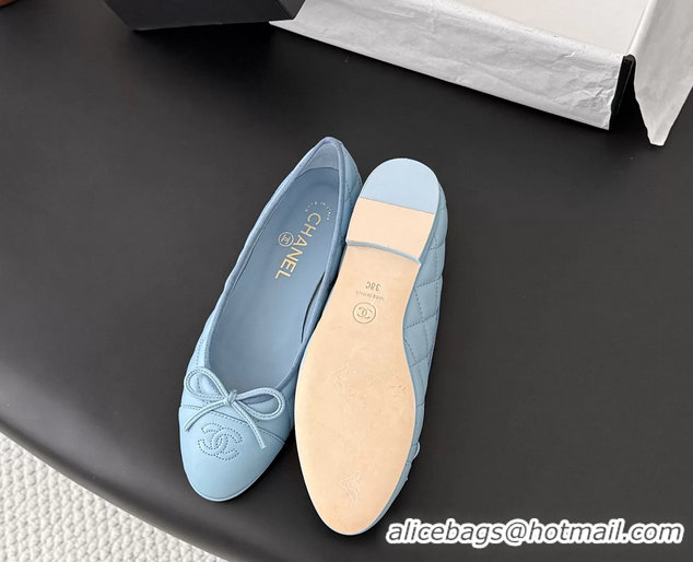Cheap Cheaps Chanel CC Logo Bowknot Light Blue Quilted Leather Ballet Flats 6051808