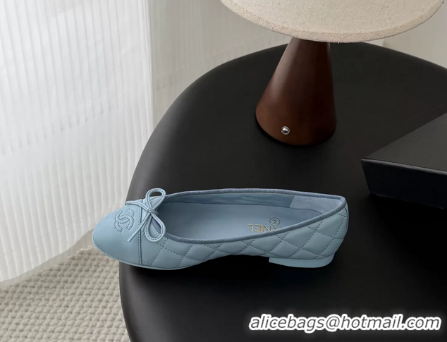 Cheap Cheaps Chanel CC Logo Bowknot Light Blue Quilted Leather Ballet Flats 6051808