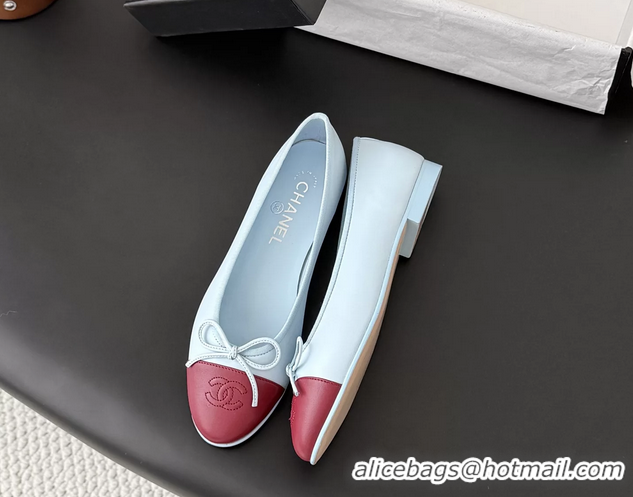 Best Product Chanel CC Logo Bowknot Light Blue Calf Leather Ballet Flats 6051808