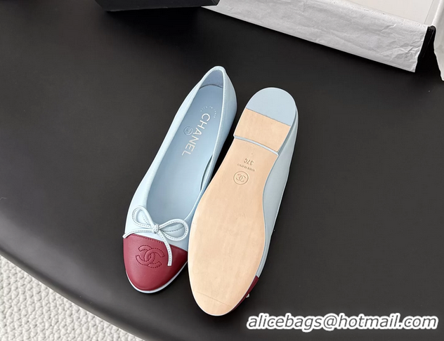 Best Product Chanel CC Logo Bowknot Light Blue Calf Leather Ballet Flats 6051808
