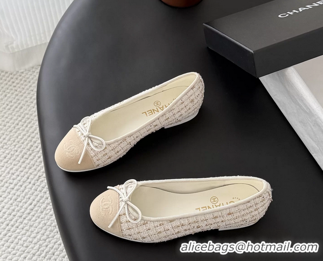 Cheap Price Chanel CC Logo Bowknot Beige Tweed Ballet Flats 6051809