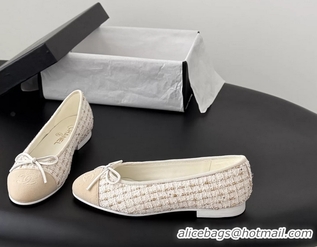 Cheap Price Chanel CC Logo Bowknot Beige Tweed Ballet Flats 6051809