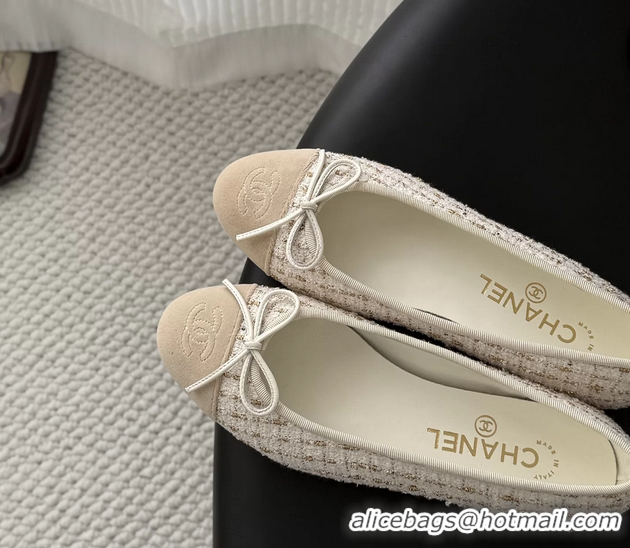 Cheap Price Chanel CC Logo Bowknot Beige Tweed Ballet Flats 6051809
