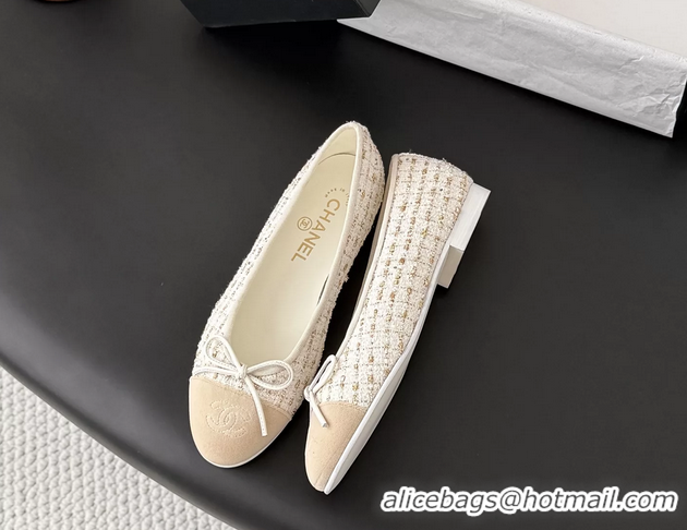 Cheap Price Chanel CC Logo Bowknot Beige Tweed Ballet Flats 6051809