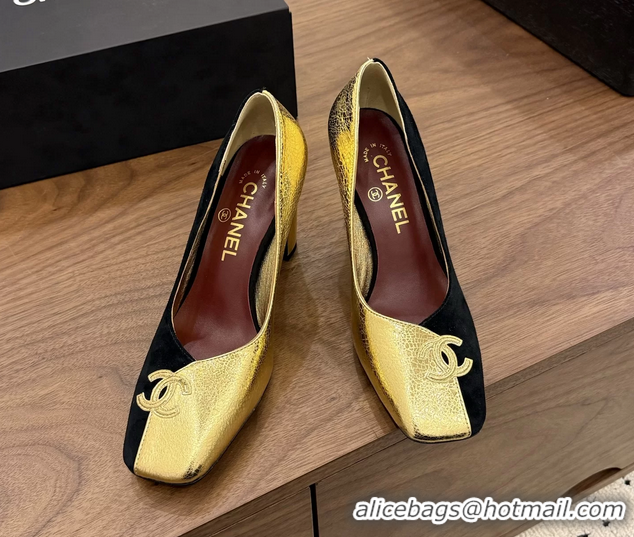 Low Price Chanel CC Logo Black Gold Leather Pumps 85MM 6051810
