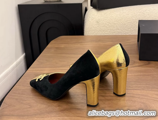 Low Price Chanel CC Logo Black Gold Leather Pumps 85MM 6051810