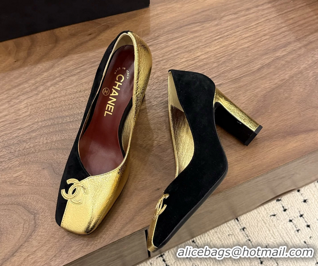 Low Price Chanel CC Logo Black Gold Leather Pumps 85MM 6051810