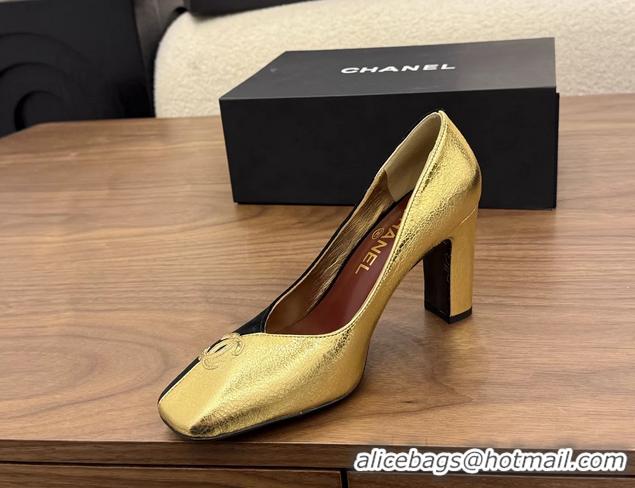 Low Price Chanel CC Logo Black Gold Leather Pumps 85MM 6051810