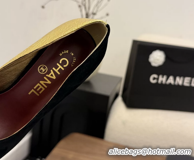 Low Price Chanel CC Logo Black Gold Leather Pumps 85MM 6051810